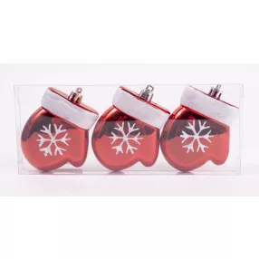   KARÁCSONYFA DÍSZ, AKASZTÓS, KESZTYŰ, SZETTBEN, 3 DARABOS, GLITTERES, PIROS ÉS FEHÉR