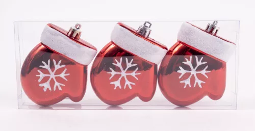 KARÁCSONYFA DÍSZ, AKASZTÓS, KESZTYŰ, SZETTBEN, 3 DARABOS, GLITTERES, PIROS ÉS FEHÉR