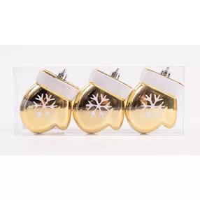   KARÁCSONYFA DÍSZ, AKASZTÓS, KESZTYŰ, SZETTBEN, 3 DARABOS, GLITTERES, ARANY ÉS FEHÉR