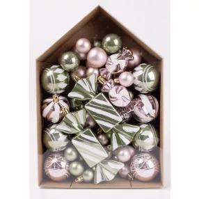   KARÁCSONYI DÍSZ MIX, SZETTBEN, 58 DARABOS, ZÖLD ÉS RÓZSASZÍN