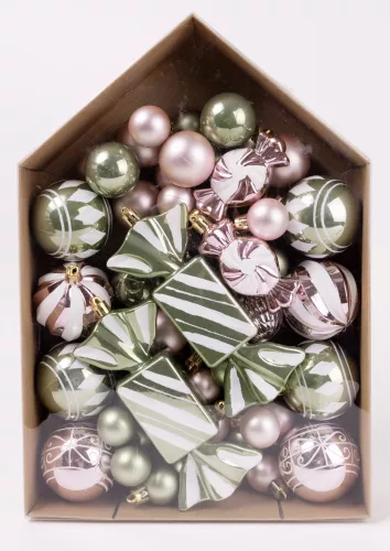 KARÁCSONYI DÍSZ MIX, SZETTBEN, 58 DARABOS, ZÖLD ÉS RÓZSASZÍN