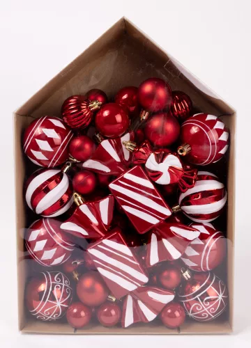 KARÁCSONYI DÍSZ MIX, SZETTBEN, 58 DARABOS, PIROS ÉS FEHÉR