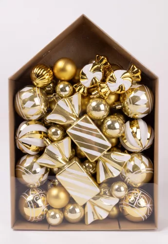 KARÁCSONYI DÍSZ MIX, SZETTBEN, 58 DARABOS, ARANY ÉS FEHÉR