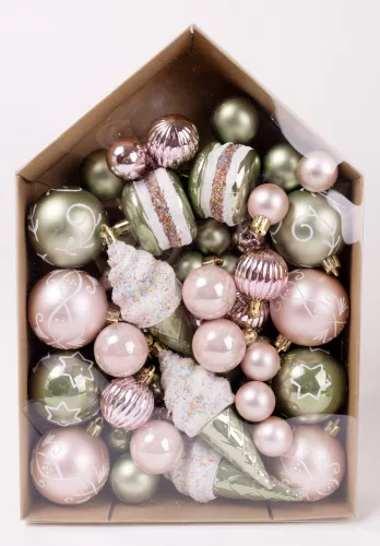 KARÁCSONYI DÍSZ MIX, SZETTBEN, 58 DARABOS, ZÖLD ÉS RÓZSASZÍN