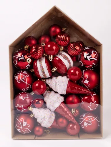 KARÁCSONYI DÍSZ MIX, SZETTBEN, 58 DARABOS, PIROS ÉS FEHÉR
