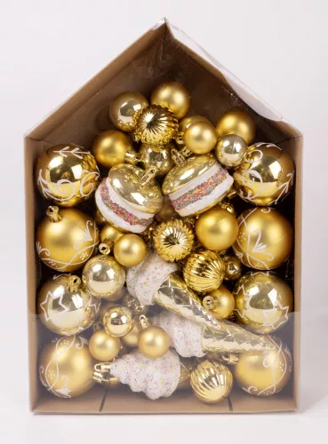 KARÁCSONYI DÍSZ MIX, SZETTBEN, 58 DARABOS, ARANY ÉS FEHÉR