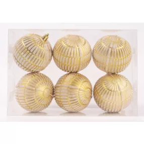   KARÁCSONYI DÍSZ GÖMB BORDÁZOTT, SZETTBEN, PVC DOBOZBAN, 6 DARABOS, PEZSGŐ ARANY