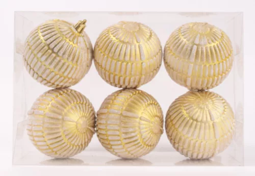 KARÁCSONYI DÍSZ GÖMB BORDÁZOTT, SZETTBEN, PVC DOBOZBAN, 6 DARABOS, PEZSGŐ ARANY