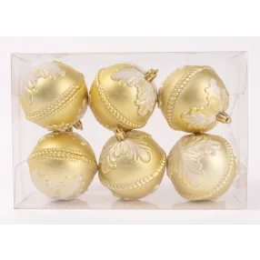   KARÁCSONYI DÍSZ GÖMB LEVÉL MINTÁS, SZETTBEN, PVC DOBOZBAN, 6 DARABOS, PEZSGŐ ARANY