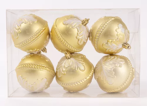 KARÁCSONYI DÍSZ GÖMB LEVÉL MINTÁS, SZETTBEN, PVC DOBOZBAN, 6 DARABOS, PEZSGŐ ARANY