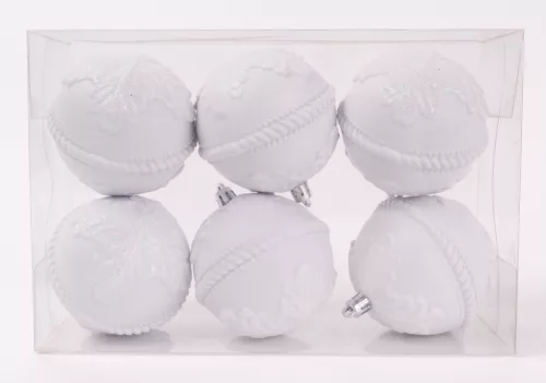 KARÁCSONYI DÍSZ GÖMB LEVÉL MINTÁS, SZETTBEN, PVC DOBOZBAN, 6 DARABOS, FEHÉR