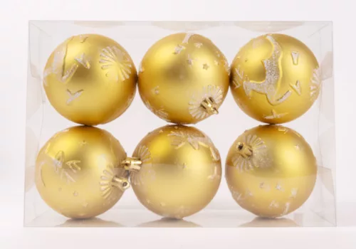 KARÁCSONYI DÍSZ GÖMB SZARVAS MINTÁS, SZETTBEN, PVC DOBOZBAN, 6 DARABOS, ARANY
