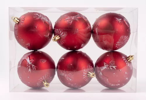 KARÁCSONYI DÍSZ GÖMB SZARVAS MINTÁS, SZETTBEN, PVC DOBOZBAN, 6 DARABOS, PIROS
