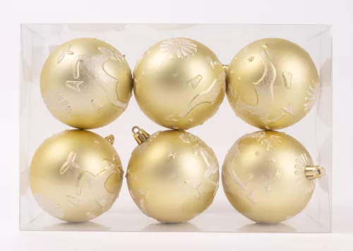 KARÁCSONYI DÍSZ GÖMB SZARVAS MINTÁS, SZETTBEN, PVC DOBOZBAN, 6 DARABOS, PEZSGŐ ARANY