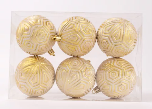 KARÁCSONYI DÍSZ GÖMB RUSZTIKUS, SZETTBEN, PVC DOBOZBAN, 6 DARABOS, ARANY
