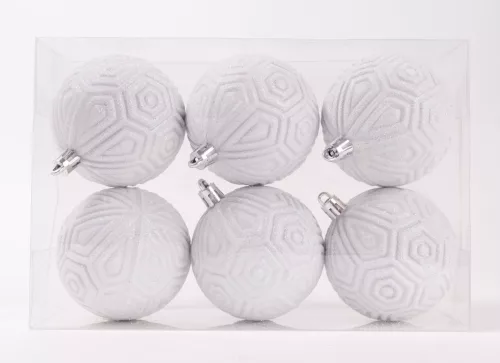 KARÁCSONYI DÍSZ GÖMB RUSZTIKUS, SZETTBEN, PVC DOBOZBAN, 6 DARABOS, FEHÉR