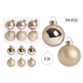   ÜVEG KARÁCSONYI DÍSZ GÖMB SZETT PVC DOBOZBAN, 6 DARABOS, KRÉM