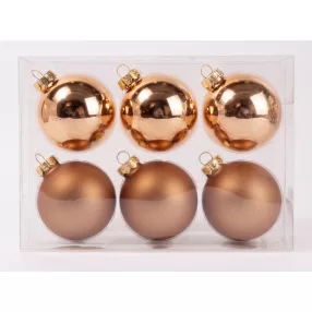   ÜVEG KARÁCSONYI DÍSZ GÖMB SZETT PVC DOBOZBAN, 6 DARABOS, BRONZ