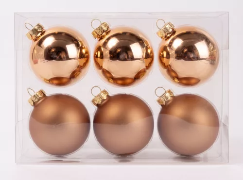 ÜVEG KARÁCSONYI DÍSZ GÖMB SZETT PVC DOBOZBAN, 6 DARABOS, BRONZ