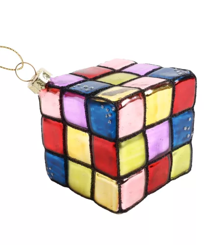 ÜVEG KARÁCSONYFA DÍSZ, AKASZTÓS, RUBIKKOCKA