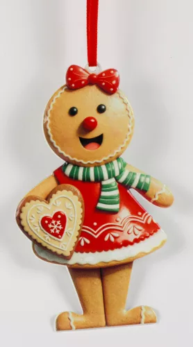 FÉM KARÁCSONYFA DÍSZ, AKASZTÓS, MÉZESKALÁCS FIGURA, PIROS BARNA