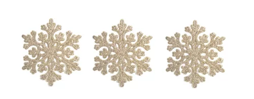 AKASZTÓS KARÁCSONYI DÍSZ HÓPEHELY SZETT, 3 DARABOS, ARANY GLITTER