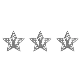   AKASZTÓS KARÁCSONYI DÍSZ CSILLAG SZETT, 3 DARABOS, RÉNSZARVAS MINTÁS, EZÜST