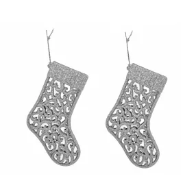   AKASZTÓS KARÁCSONYI DÍSZ ZOKNI SZETT, 2 DARABOS, EZÜST GLITTER