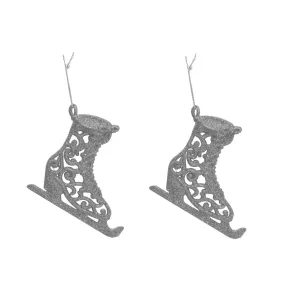   AKASZTÓS KARÁCSONYI DÍSZ KORCSOLYA SZETT, 2 DARABOS, EZÜST GLITTER