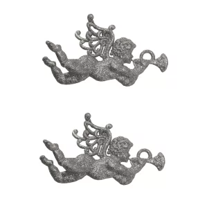   AKASZTÓS KARÁCSONYI DÍSZ ANGYAL SZETT, 2 DARABOS, TROMBITÁVAL, EZÜST