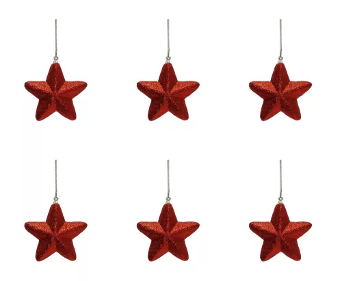 AKASZTÓS KARÁCSONYI DÍSZ CSILLAG SZETT, 6 DARABOS, 3D, PIROS