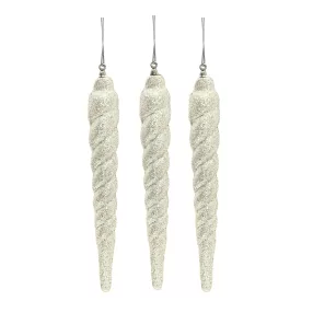   AKASZTÓS KARÁCSONYI DÍSZ JÉGCSAP SZETT, 3 DARABOS, FEHÉR GLITTER