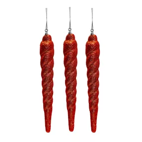   AKASZTÓS KARÁCSONYI DÍSZ JÉGCSAP SZETT, 3 DARABOS, PIROS GLITTER