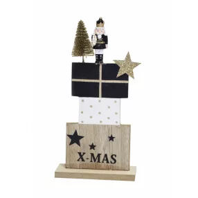   DEKOR FA AJÁNDÉKOK FENYŐFÁVAL ÉS DIÓTÖRŐVEL, NATÚR-FEKETE-FEHÉR