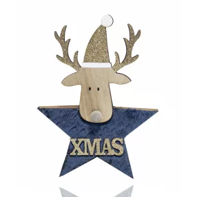 DEKOR FA CSILLAG RÉNSZARVASSAL, CHRISTMAS FELIRATTAL, KÉK