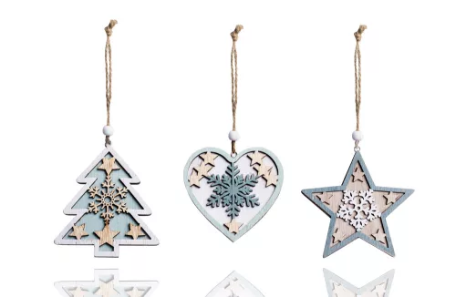 DEKOR FA LÓGÓDÍSZ CSILLAG VAGY SZÍV VAGY FENYŐFA, TÜRKIZ FEHÉR