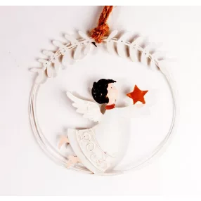 FÉM AKASZTÓS ANGYAL KÖRBEN, FEHÉR, PIROS CSILLAGGAL