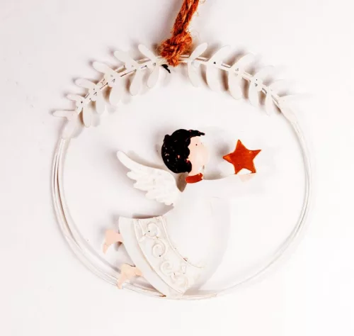 FÉM AKASZTÓS ANGYAL KÖRBEN, FEHÉR, PIROS CSILLAGGAL