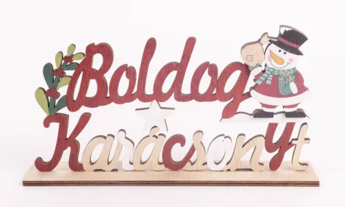 FA FELIRAT BOLDOG KARÁCSONYT, HÓEMBERREL, NATÚR ÉS PIROS