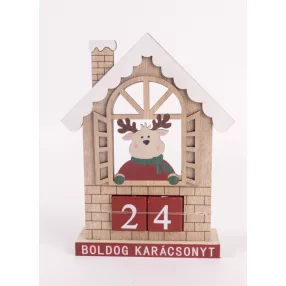  FA ADVENTI KALENDÁRIUM, HÁZ ABLAKÁBAN RÉNSZARVAS, BOLDOG KARÁCSONYT FELIRAT