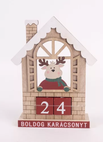 FA ADVENTI KALENDÁRIUM, HÁZ ABLAKÁBAN RÉNSZARVAS, BOLDOG KARÁCSONYT FELIRAT
