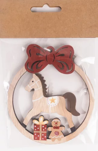 FA AKASZTÓS GÖMBDÍSZ, HINTALÓVAL, AJÁNDÉKKAL, NATÚR ÉS PIROS