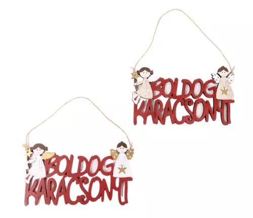 FA KOPOGTATÓ BOLDOG KARÁCSONYT FELIRAT,BORDÓ, 2 ANGYALLAL