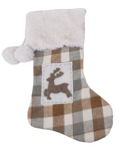 TEXTIL AKASZTÓS ZOKNI, KOCKÁS MINTÁS RÉNSZARVASSAL, BARNA ÉS KRÉM