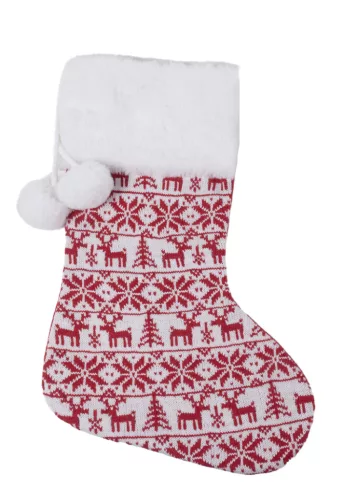 TEXTIL AKASZTÓS ZOKNI, KÖTÖTT SKANDINÁV MINTÁS, PIROS ÉS FEHÉR