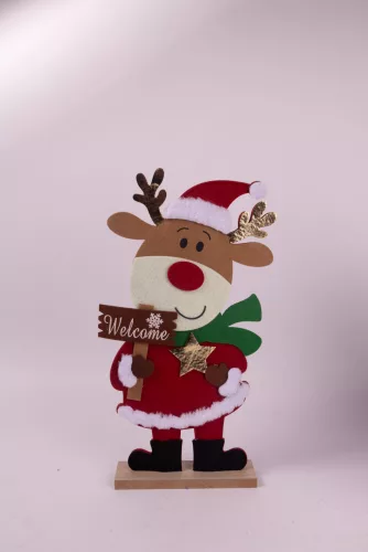 FILC RÉNSZARVAS FA TALPON, MIKULÁS RUHÁBAN, TÁBLÁVAL,  WELCOME FELIRAT