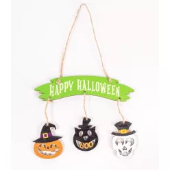   FA KOPOGTATÓ HAPPY HALLOWEEN FELIRAT, TÖK,FEKETE MACSKA, KOPONYA LÓGÓ DEKORRAL