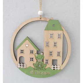   FA KASZTÓS KÖRBEN 2 HÁZ ÉS BÉKA, WELCOME FELIRAT, NATÚR ÉS ZÖLD