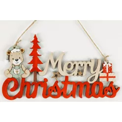   FA KOPOGTATÓ, MERRY CHRISTMAS FELIRAT, MEDVÉVEL, AJÁNDÉKKAL, NATÚR ÉS PIROS