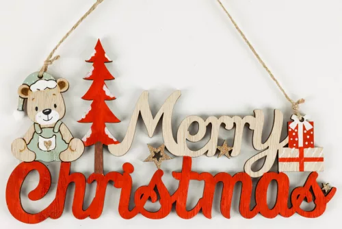 FA KOPOGTATÓ, MERRY CHRISTMAS FELIRAT, MEDVÉVEL, AJÁNDÉKKAL, NATÚR ÉS PIROS